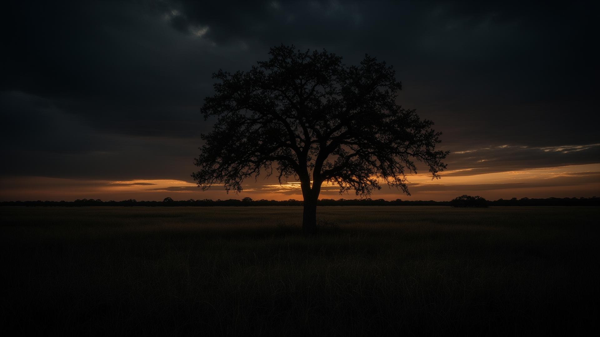 Lone Texas oak at dusk on a working ranch
